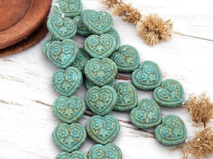 Heart Beads - Czech Glass Beads - Floral Heart Beads - Turquoise Beads - 17mm - 6pcs - (2952)