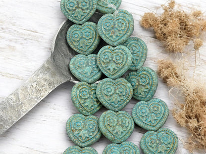 Heart Beads - Czech Glass Beads - Floral Heart Beads - Turquoise Beads - 17mm - 6pcs - (2952)