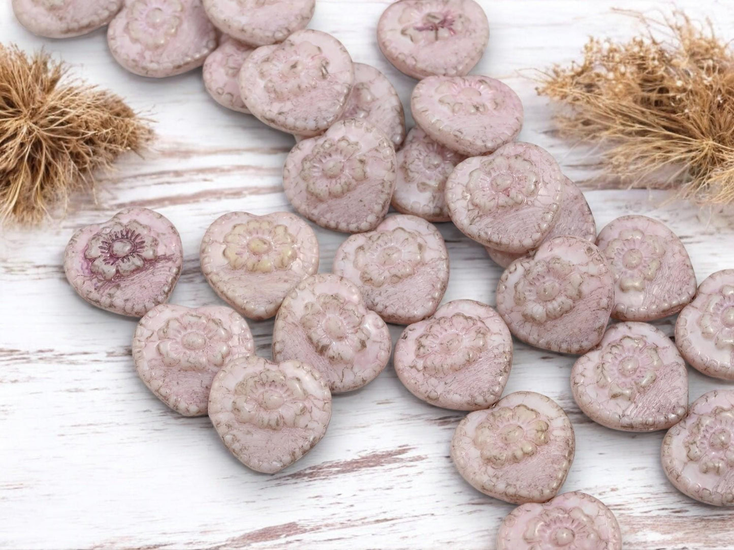 Heart Beads - Czech Glass Beads - Picasso Beads - Pink Beads - Floral Beads - 17mm - 9pcs - (2497)