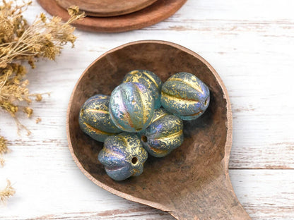 *15* 12mm Gold Washed Etched Blue Aqua AB Round Melon Beads