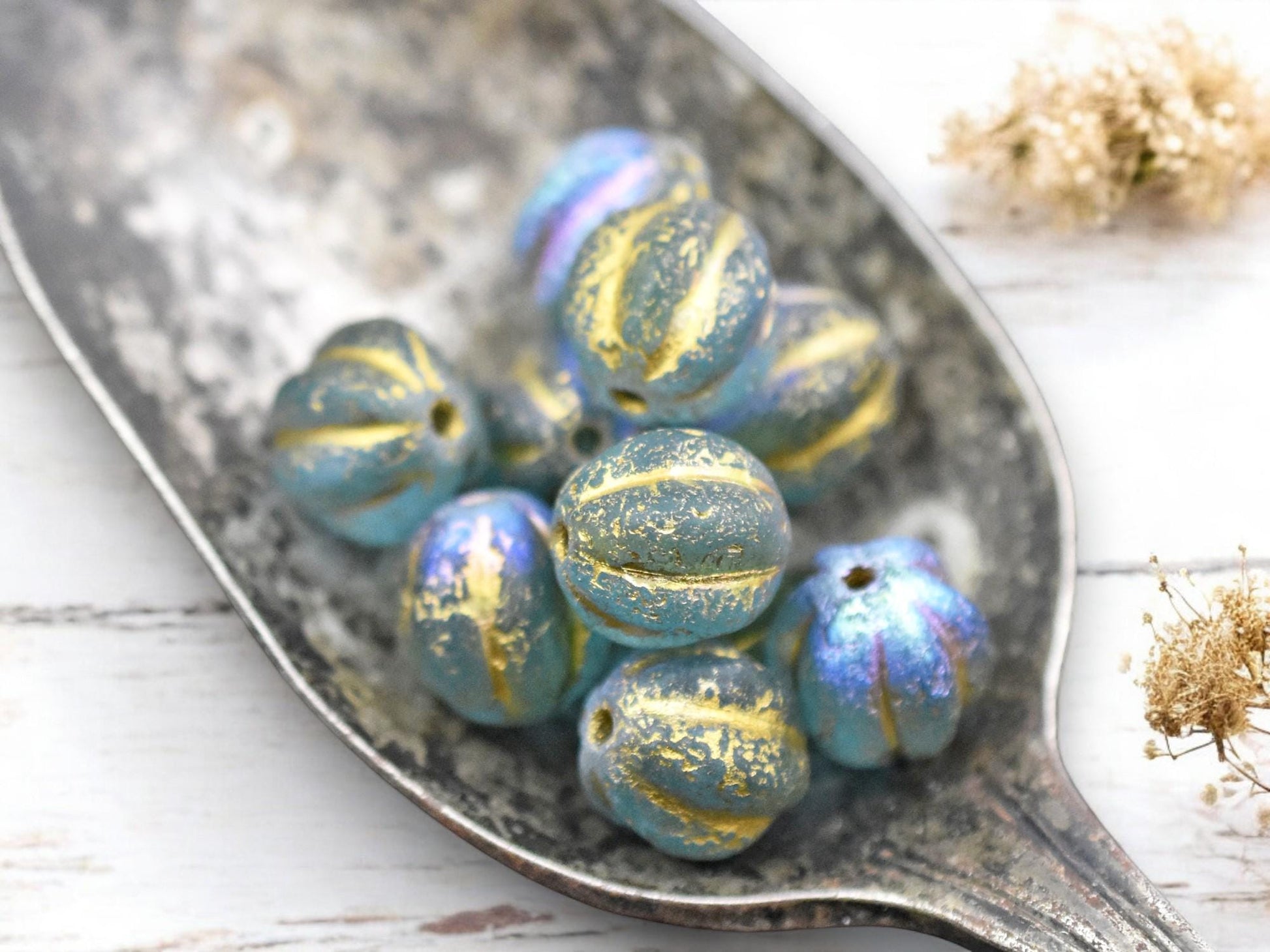 *15* 12mm Gold Washed Etched Blue Aqua AB Round Melon Beads