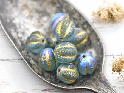 *15* 12mm Gold Washed Etched Blue Aqua AB Round Melon Beads