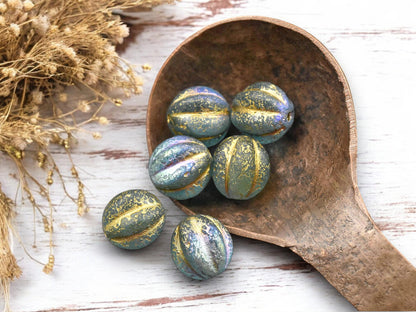 *15* 12mm Gold Washed Etched Blue Aqua AB Round Melon Beads