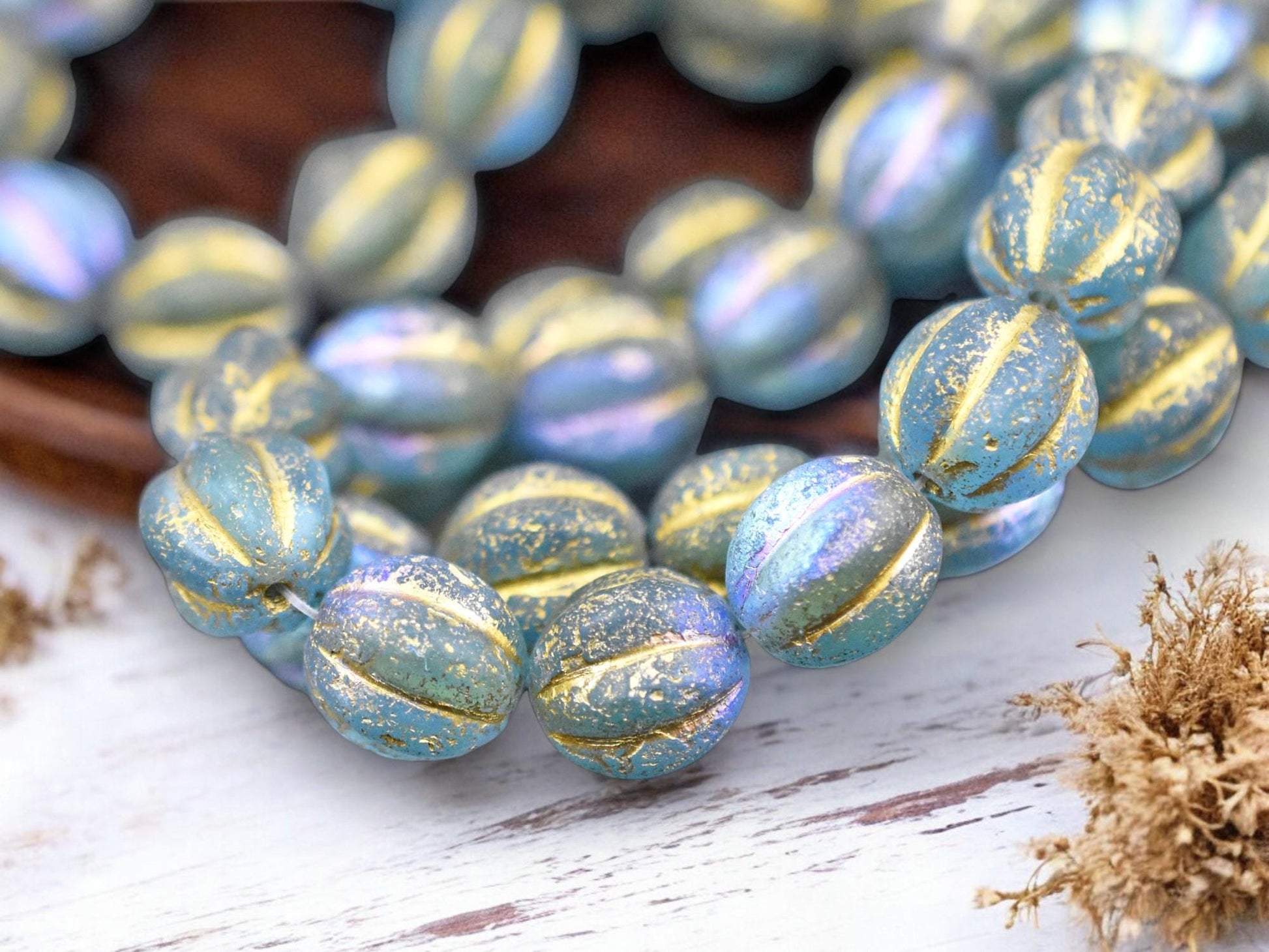 *15* 12mm Gold Washed Etched Blue Aqua AB Round Melon Beads