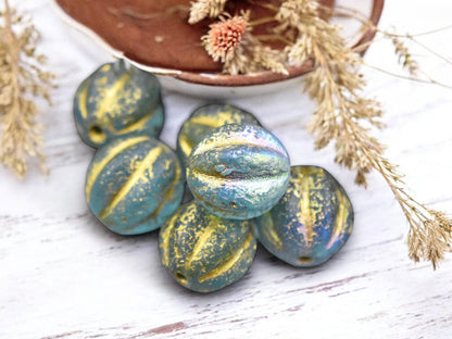 *15* 12mm Gold Washed Etched Blue Aqua AB Round Melon Beads