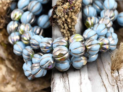 *20* 8mm Metallic Beige Washed Sky Blue AB Faceted Round Melon Beads