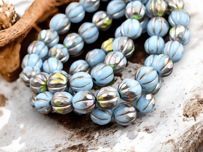 *20* 8mm Metallic Beige Washed Sky Blue AB Faceted Round Melon Beads