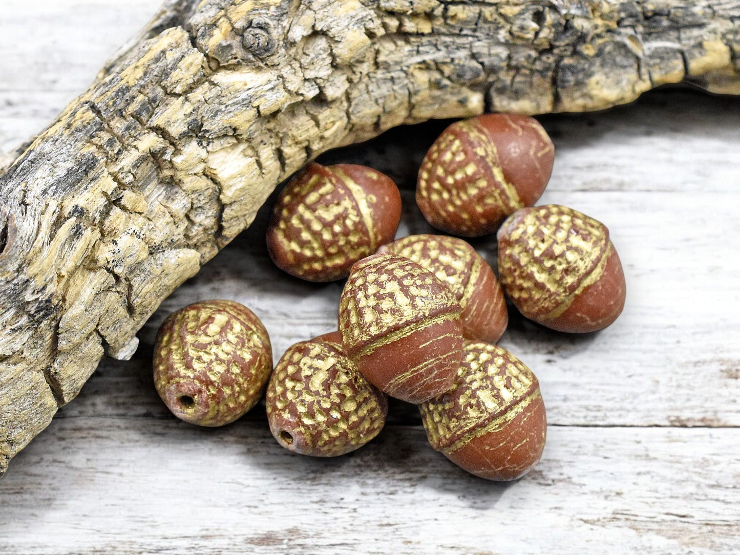 *8* 10x12mm Gold Washed Opaque Chocolate Brown Acorn Oval Beads