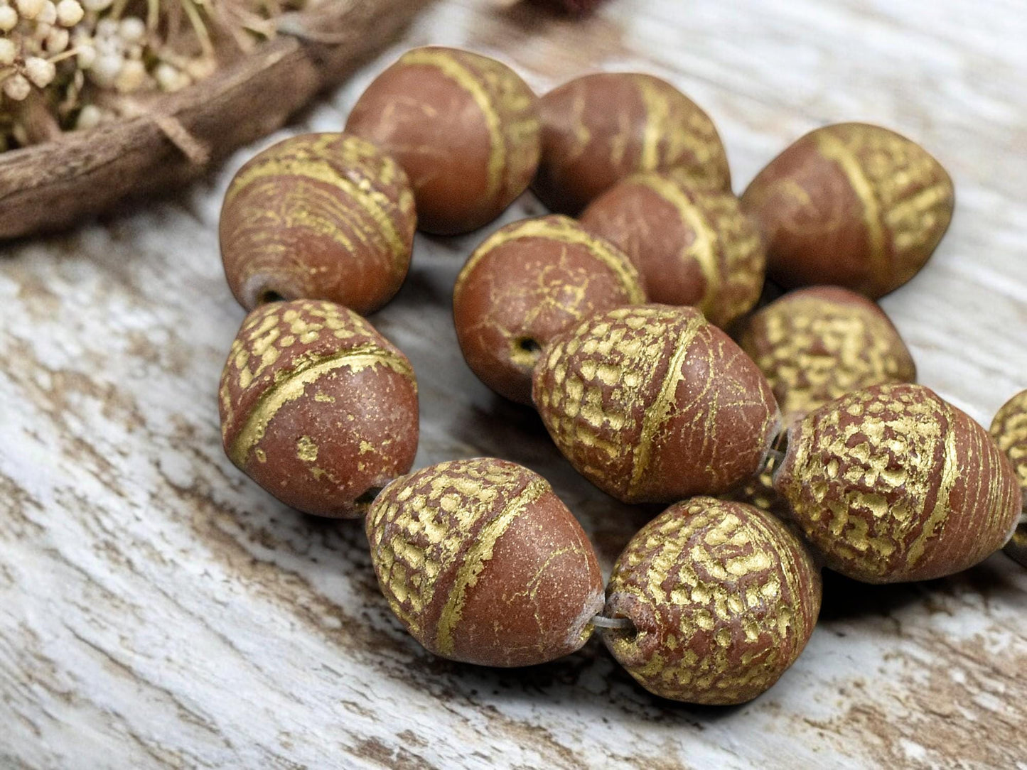 *8* 10x12mm Gold Washed Opaque Chocolate Brown Acorn Oval Beads