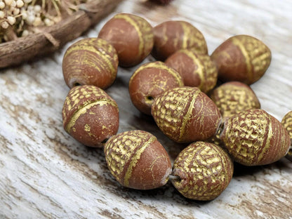 *8* 10x12mm Gold Washed Opaque Chocolate Brown Acorn Oval Beads