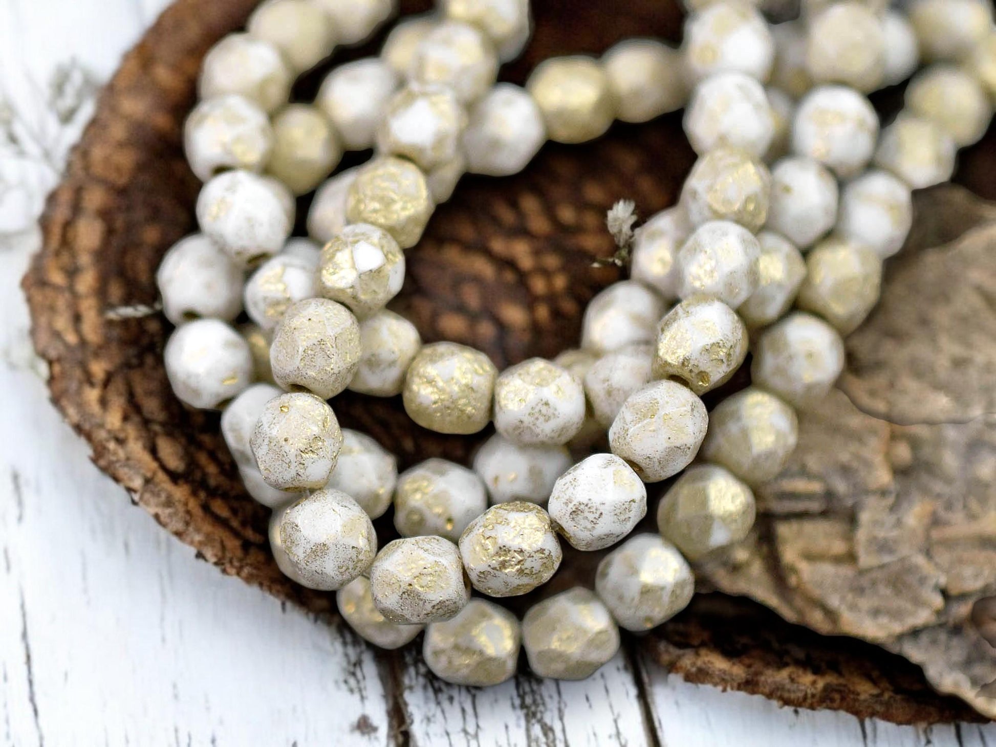 *25* 6mm Gold Etched Opaque White Fire Polished Round Beads