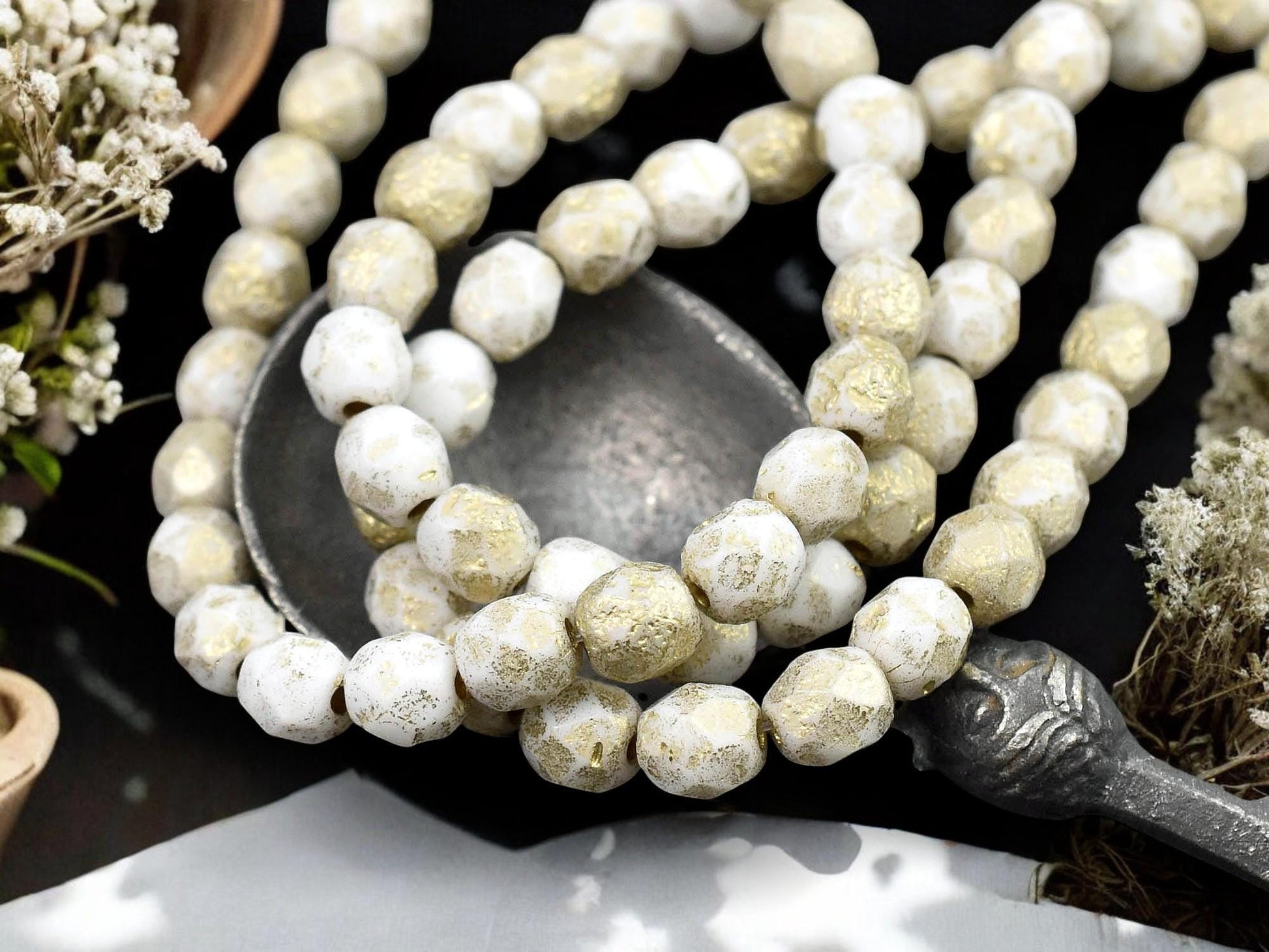 *25* 6mm Gold Etched Opaque White Fire Polished Round Beads