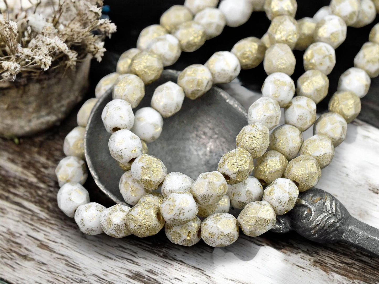 *25* 6mm Gold Etched Opaque White Fire Polished Round Beads