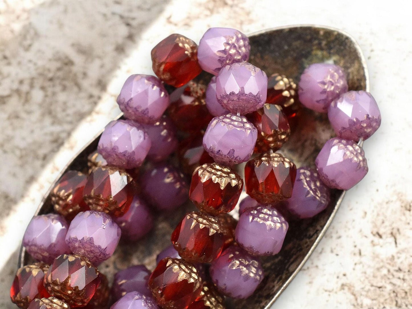 *15* 8mm Bronze Washed Mixed Pink Opal and Ruby Red Fire Polished Cathedral Beads