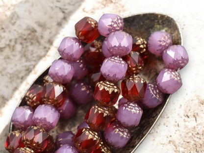 *15* 8mm Bronze Washed Mixed Pink Opal and Ruby Red Fire Polished Cathedral Beads