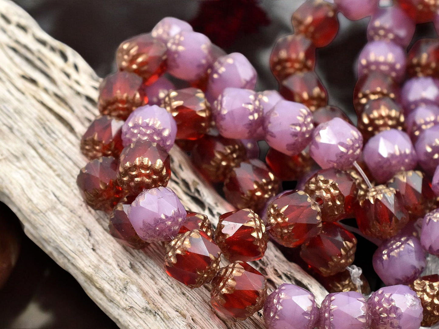 *15* 8mm Bronze Washed Mixed Pink Opal and Ruby Red Fire Polished Cathedral Beads