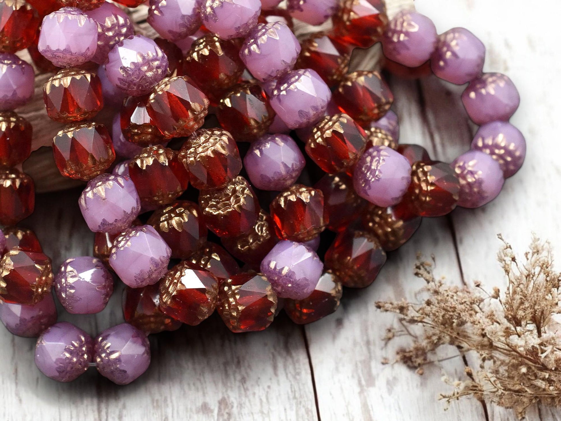 *15* 8mm Bronze Washed Mixed Pink Opal and Ruby Red Fire Polished Cathedral Beads