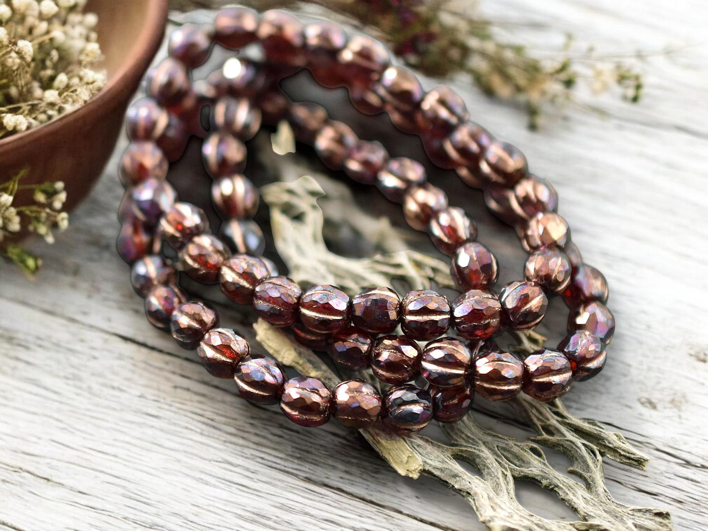 *25* 6mm Copper Washed Purple Lustered Ruby Red Faceted Round Melon Beads