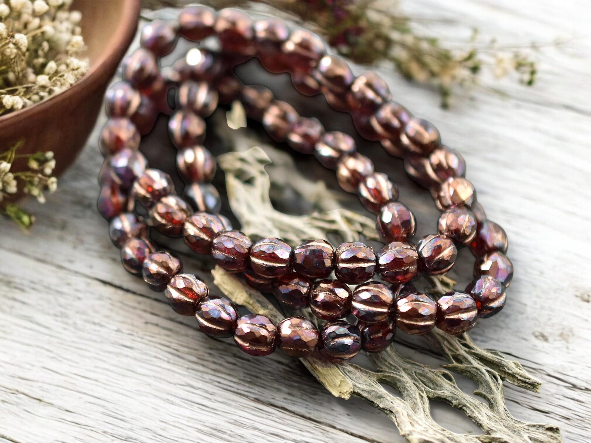 *25* 6mm Copper Washed Purple Lustered Ruby Red Faceted Round Melon Beads