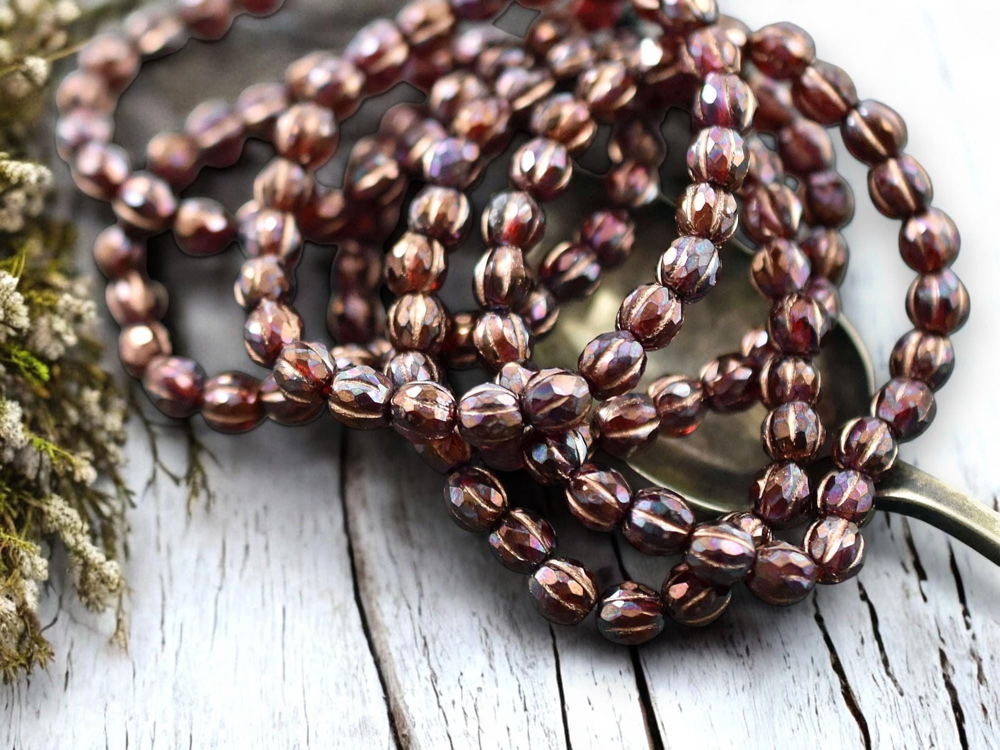 *25* 6mm Copper Washed Purple Lustered Ruby Red Faceted Round Melon Beads