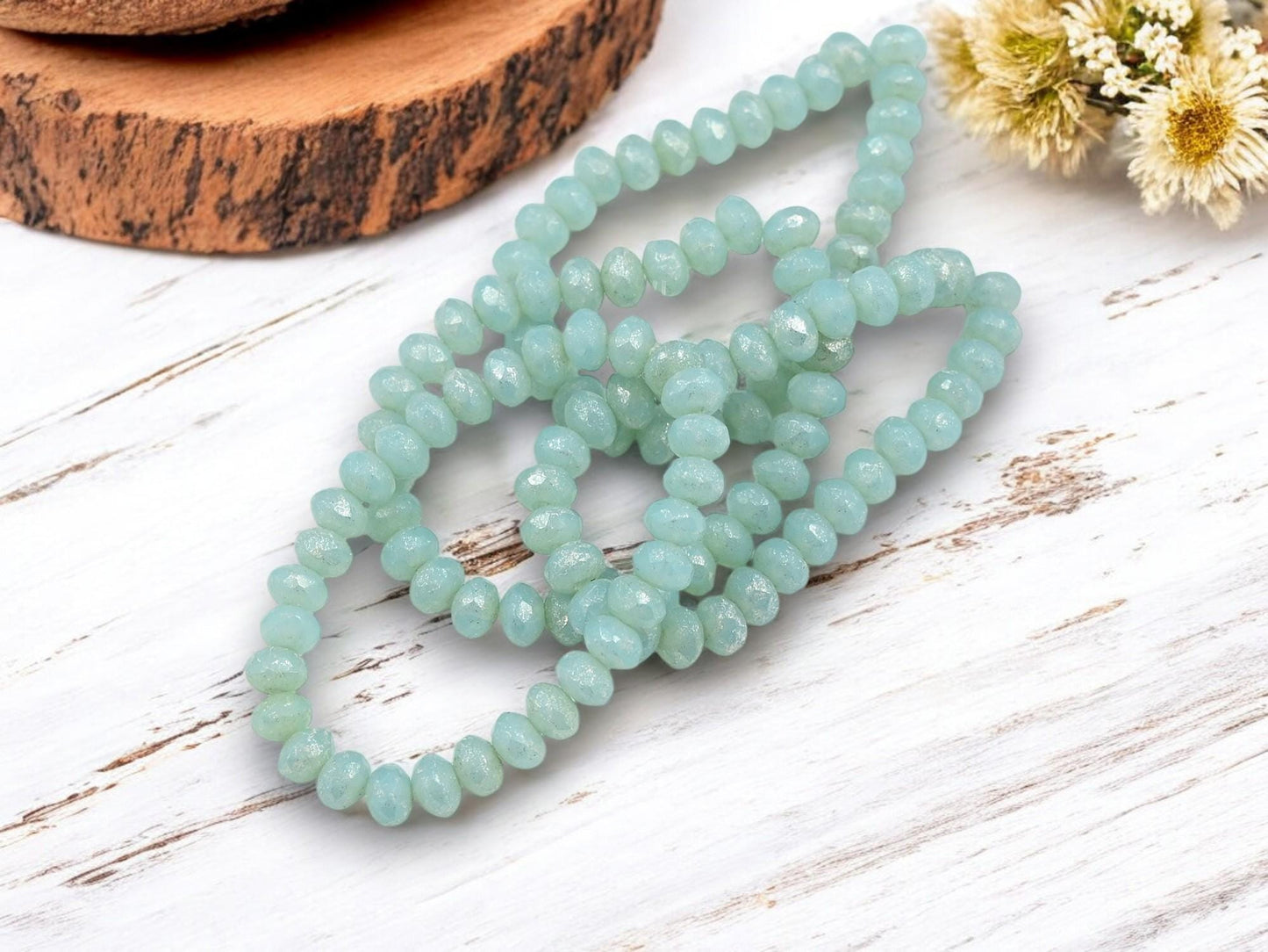 *30* 3x5mm Silver Mercury Washed Blue Opal Fire Polished Rondelle Beads