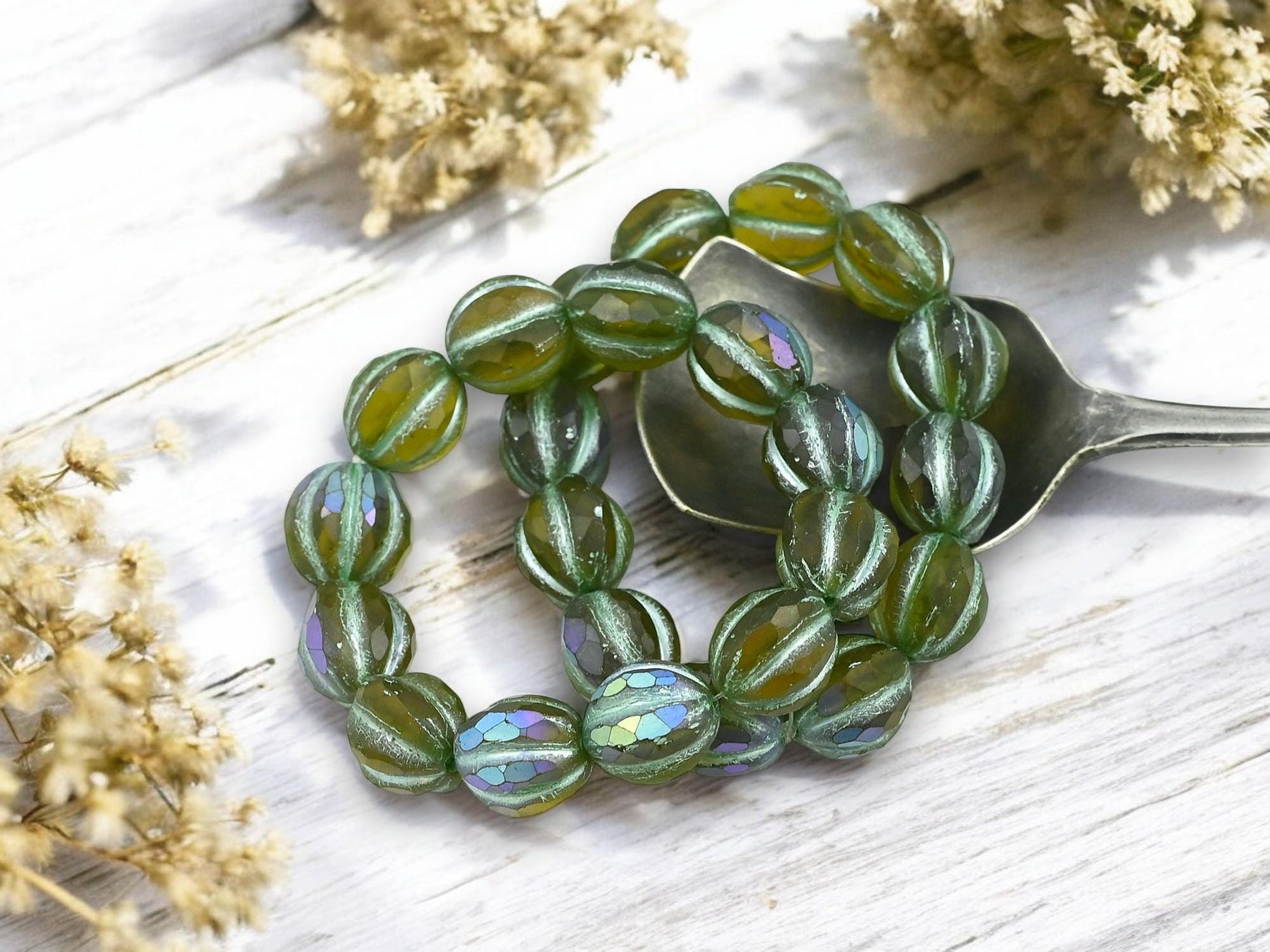 *12* 10mm Matte Peridot AB Faceted Round Melon Beads