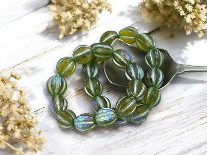 *12* 10mm Matte Peridot AB Faceted Round Melon Beads