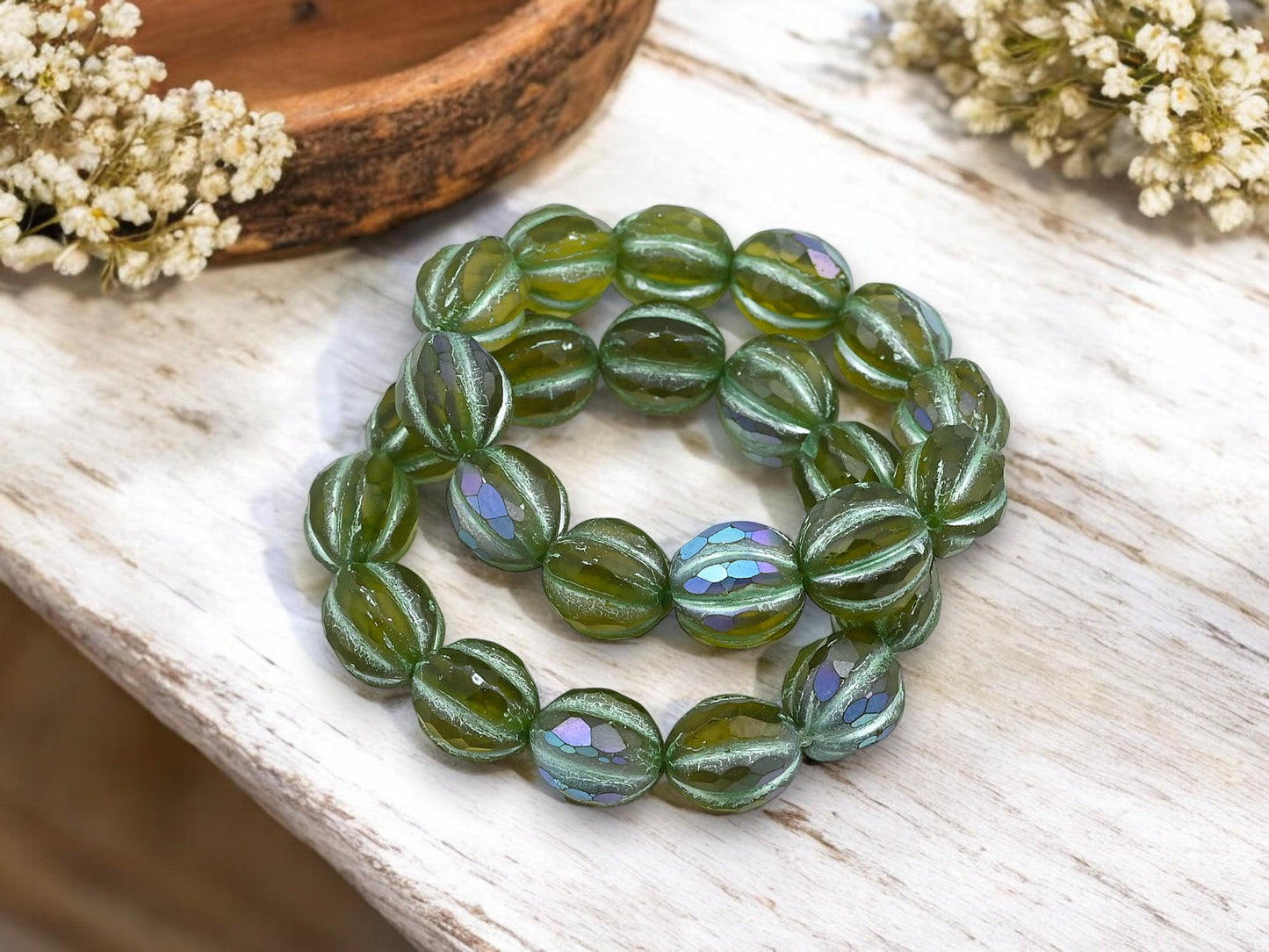 *12* 10mm Matte Peridot AB Faceted Round Melon Beads