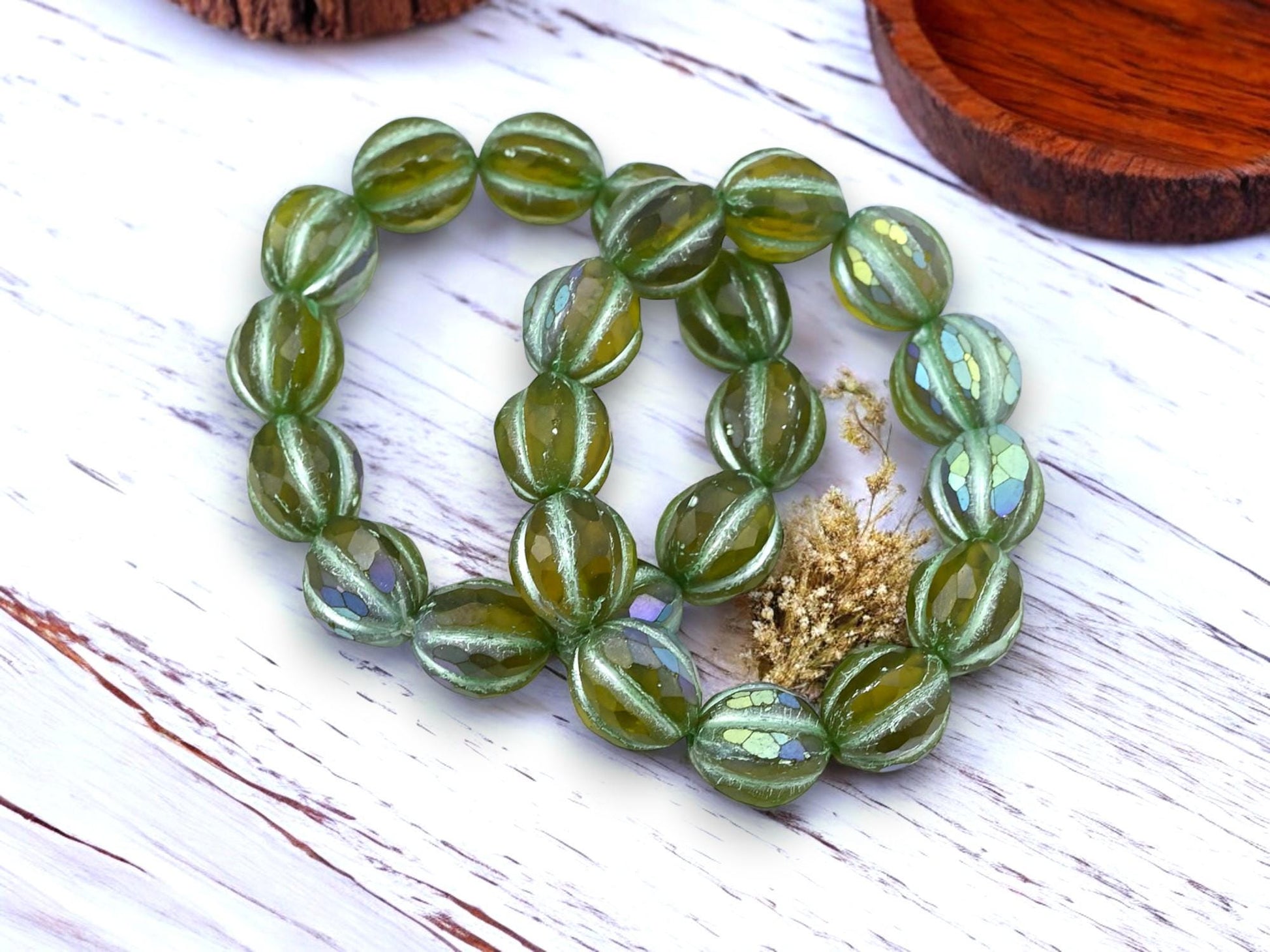 *12* 10mm Matte Peridot AB Faceted Round Melon Beads