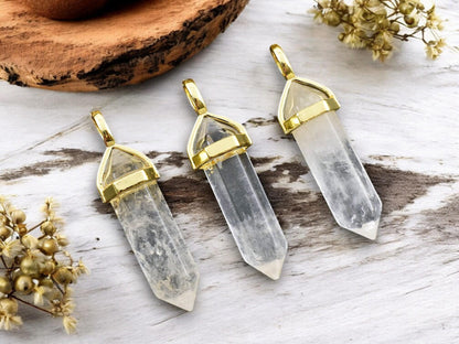 40mm Gold Tone Natural Crystal Quartz Double Terminated Bullet Pendant