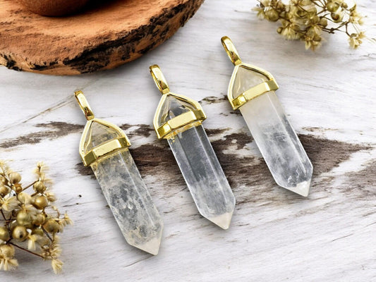 40mm Gold Tone Natural Crystal Quartz Double Terminated Bullet Pendant