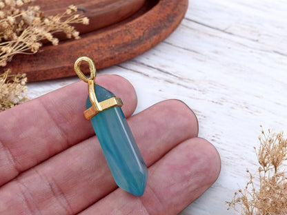 40mm Gold Tone Natural Blue Banded Agate Double Terminated Bullet Pendant