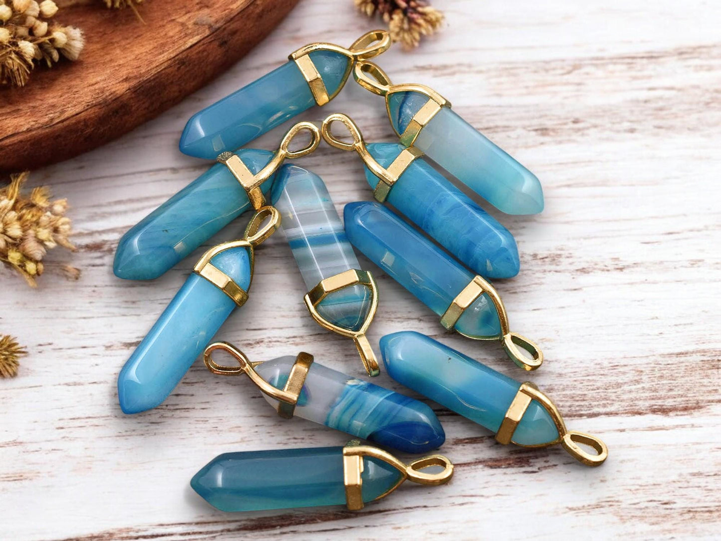 40mm Gold Tone Natural Blue Banded Agate Double Terminated Bullet Pendant