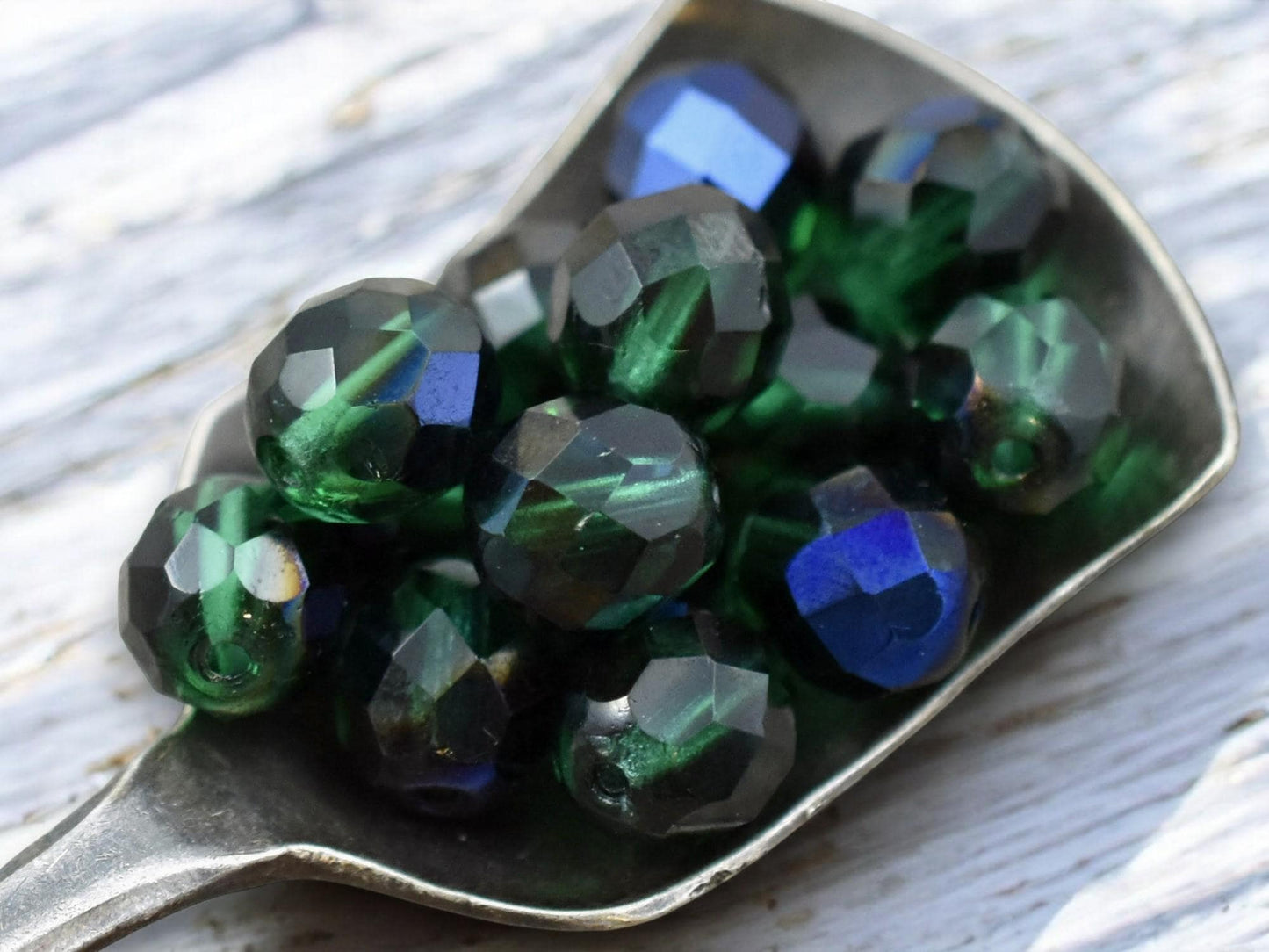 Czech Glass Beads - Fire Polished Beads - Round Beads - Faceted Beads - Emerald Azuro - 6mm 8mm or 10mm