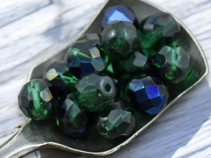 Czech Glass Beads - Fire Polished Beads - Round Beads - Faceted Beads - Emerald Azuro - 6mm 8mm or 10mm