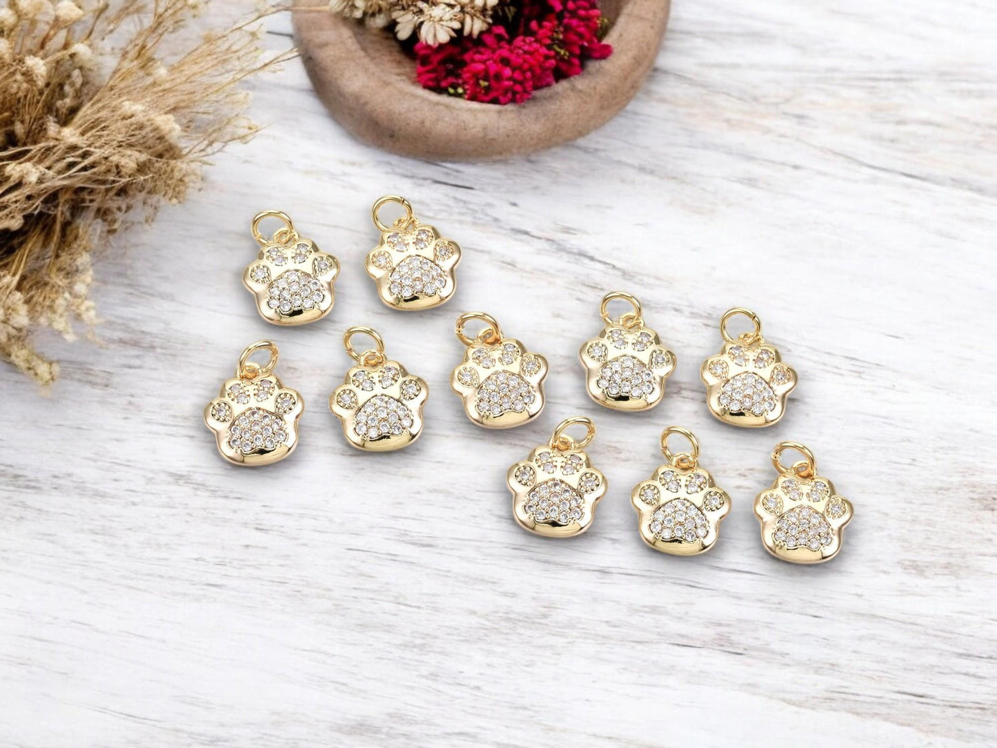 Gold Charms - Paw Charms - Dog Charms - Metal Charms - Micro Pave Charms - CZ Charms - 5pc - 12x11mm - (1737)