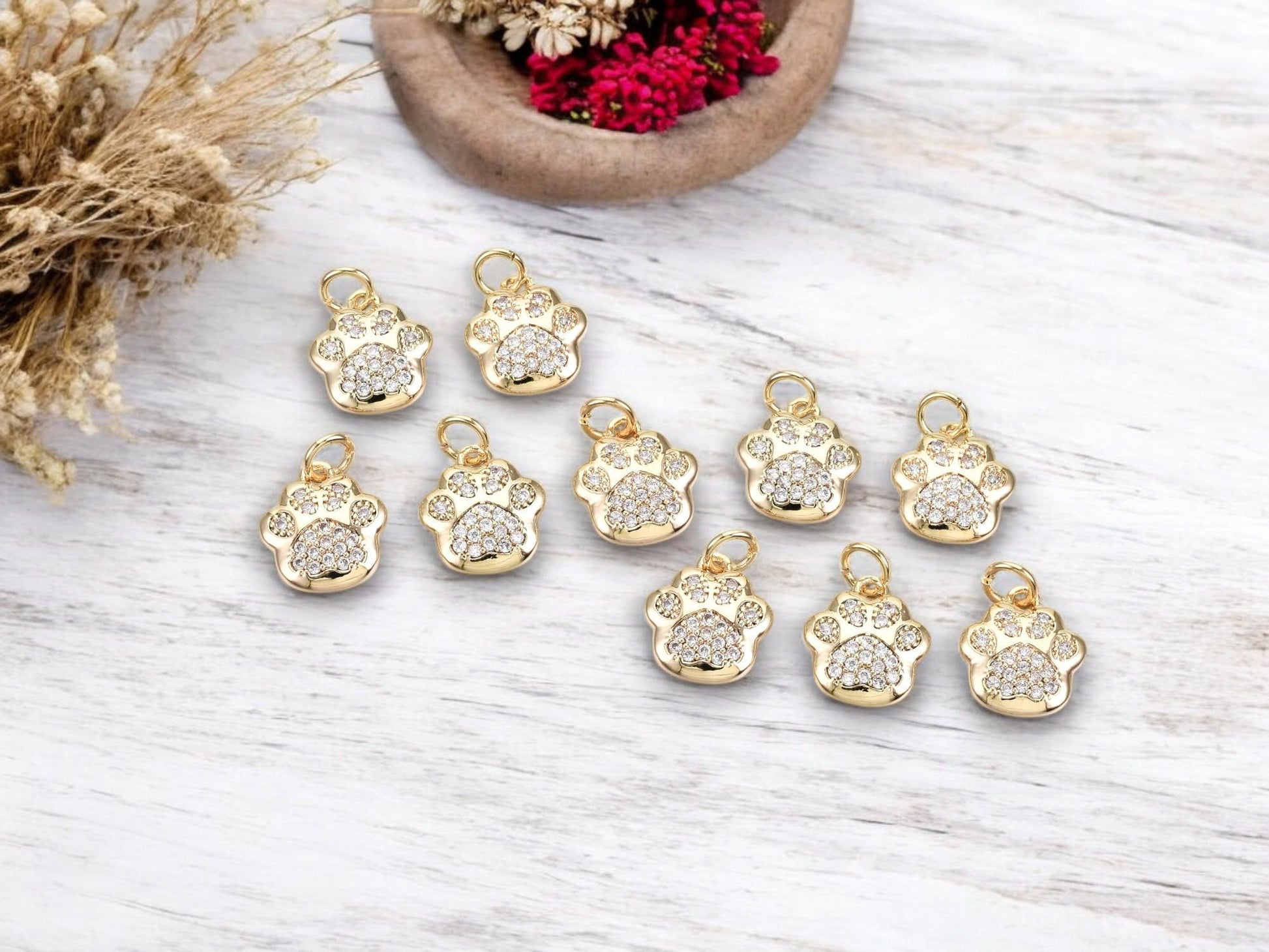 Gold Charms - Paw Charms - Dog Charms - Metal Charms - Micro Pave Charms - CZ Charms - 5pc - 12x11mm - (1737)