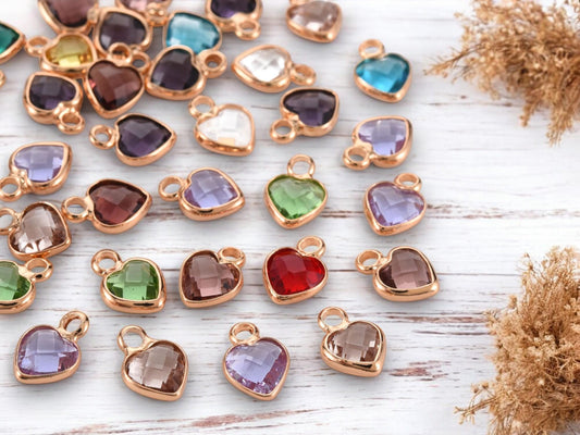 Heart Charms - Glass Charms - Bezel Charm - Gold Connectors - Mixed Charms - 10pc - 9x7mm - (2629)