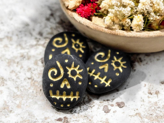 *4* 15x13mm Gold Washed Matte Black Voodoo Face Beads
