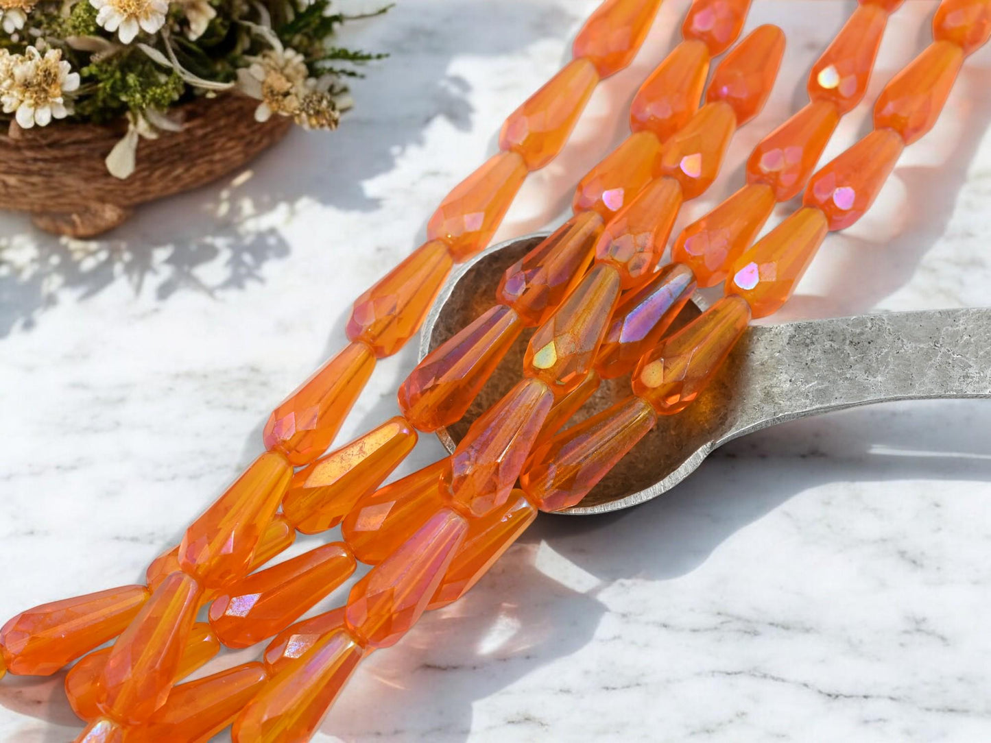 Czech Glass Beads - Seasonal Beads - Tear Drop Beads - Fire Polished Beads - Orange Beads - 10pcs - 20x8mm - (1985)