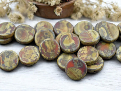 *6* 15mm Blended Orange & Red Travertine Coin Beads