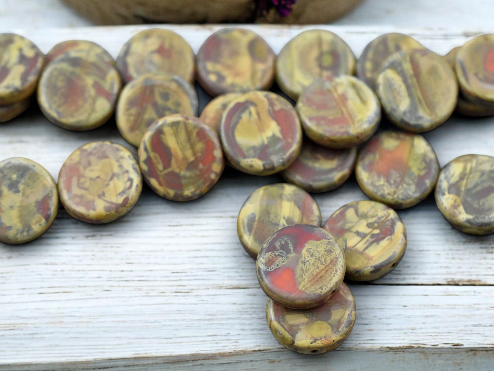 *6* 15mm Blended Orange & Red Travertine Coin Beads