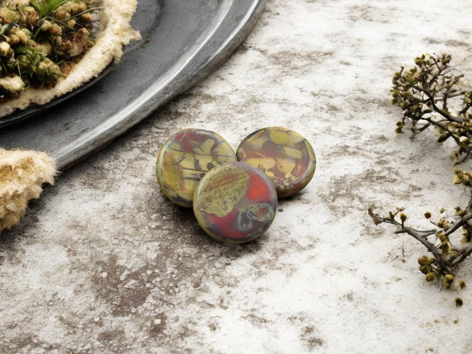 *6* 15mm Blended Orange & Red Travertine Coin Beads