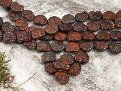 *6* 16x13mm Burnt Sienna Ammonite Fossil Snail Shell Beads