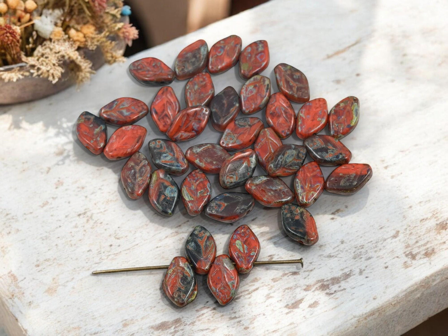 Picasso Beads - Czech Glass Beads - Leaf Beads - Top Drilled Leaf - Czech Glass Leaves - 12x8mm - 40pcs - (530)