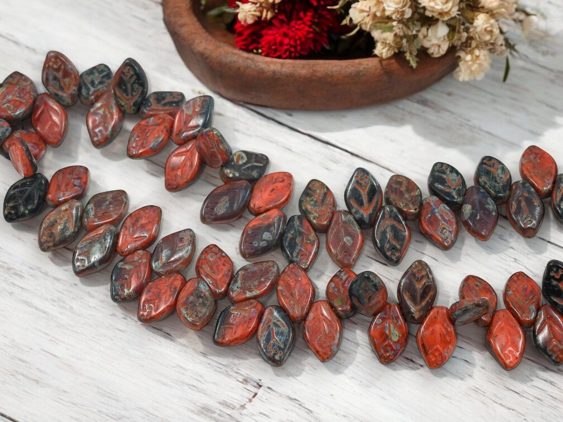 Picasso Beads - Czech Glass Beads - Leaf Beads - Top Drilled Leaf - Czech Glass Leaves - 12x8mm - 40pcs - (530)