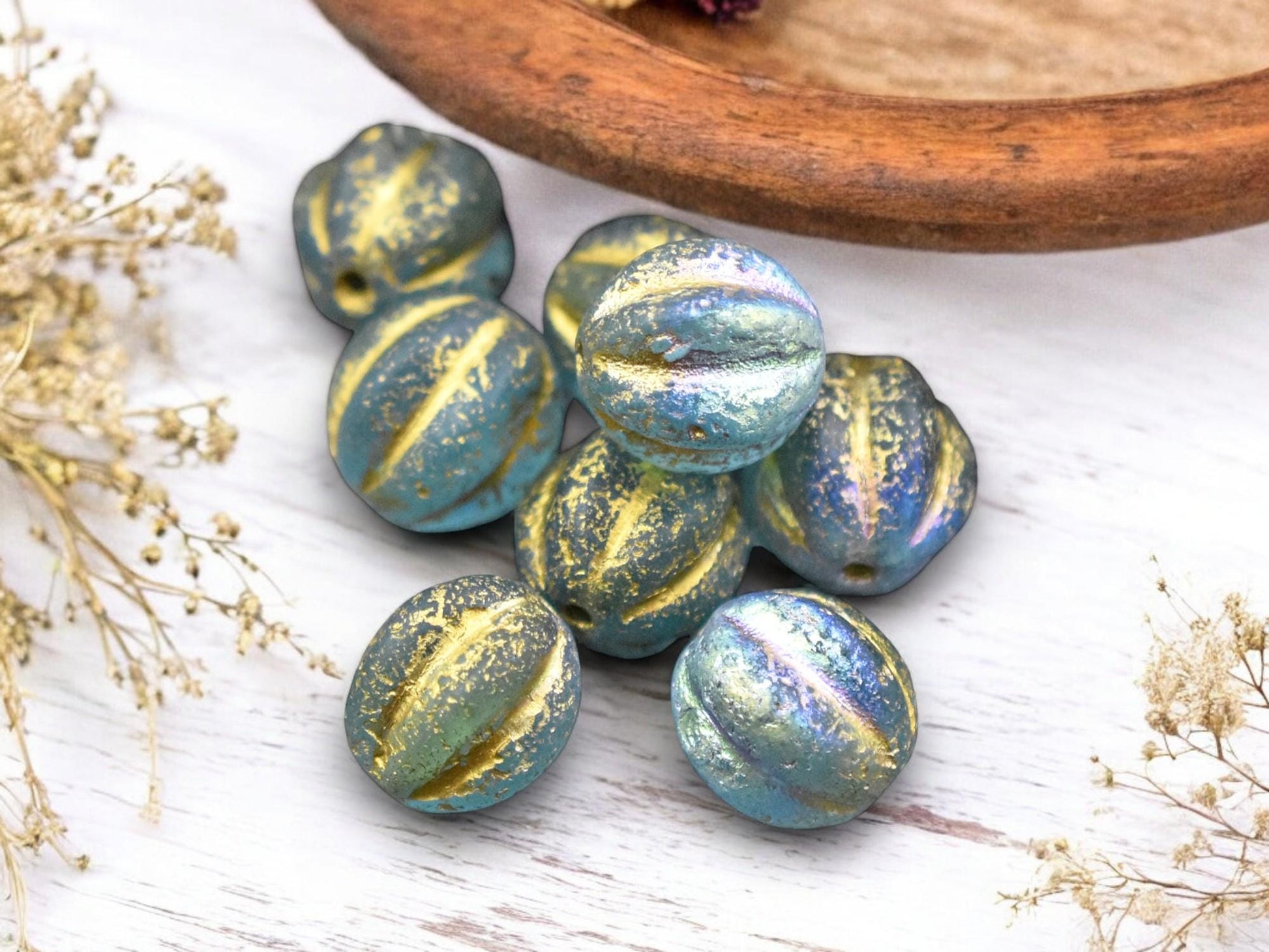 *15* 12mm Gold Washed Etched Blue Aqua AB Round Melon Beads