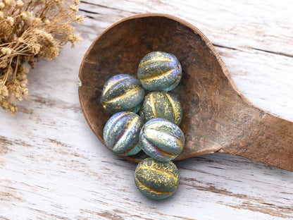 *15* 12mm Gold Washed Etched Blue Aqua AB Round Melon Beads