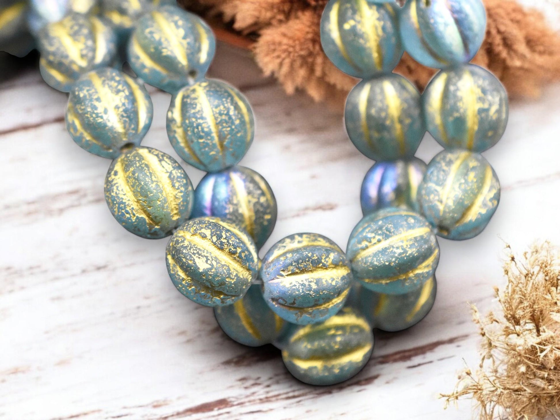 *15* 12mm Gold Washed Etched Blue Aqua AB Round Melon Beads