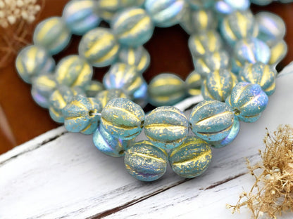 *15* 12mm Gold Washed Etched Blue Aqua AB Round Melon Beads